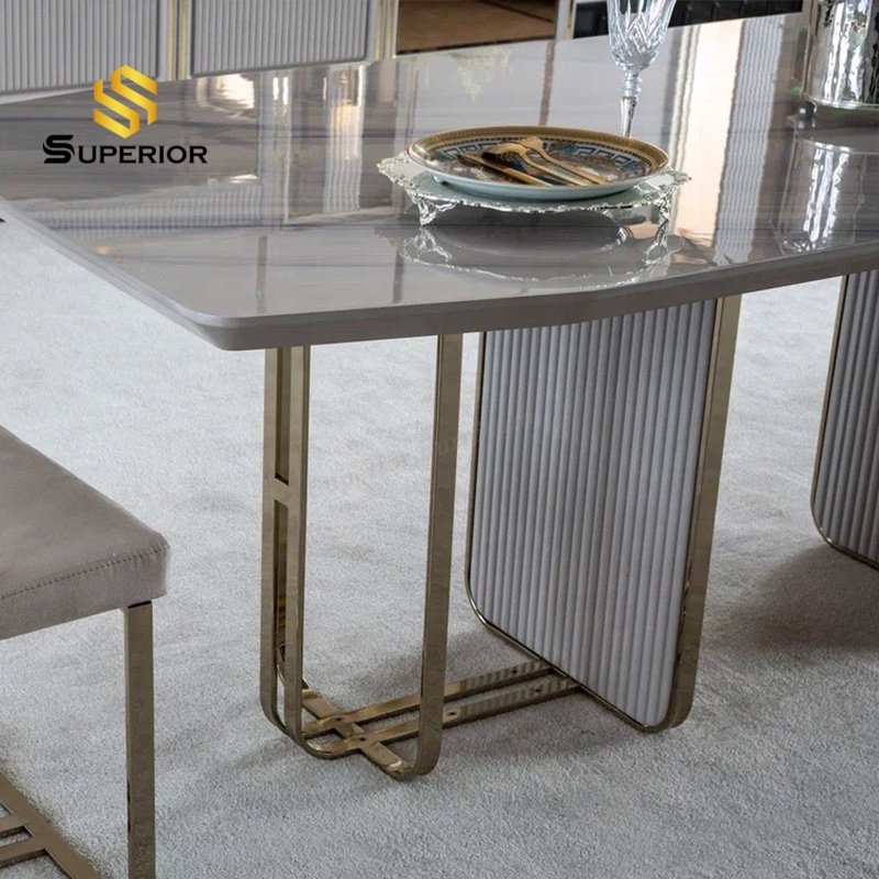 2023 wholesale Elegant modern dining table stainless steel table base for glass dining room furniture table set 8 chairs