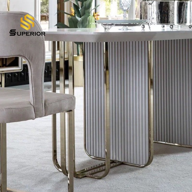 2023 wholesale Elegant modern dining table stainless steel table base for glass dining room furniture table set 8 chairs