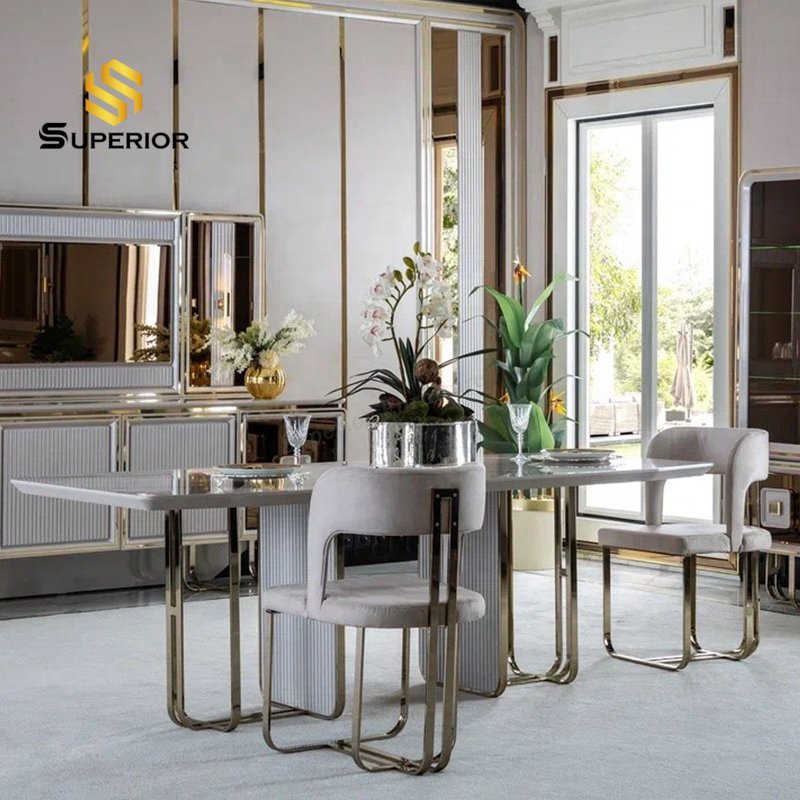 2023 wholesale Elegant modern dining table stainless steel table base for glass dining room furniture table set 8 chairs