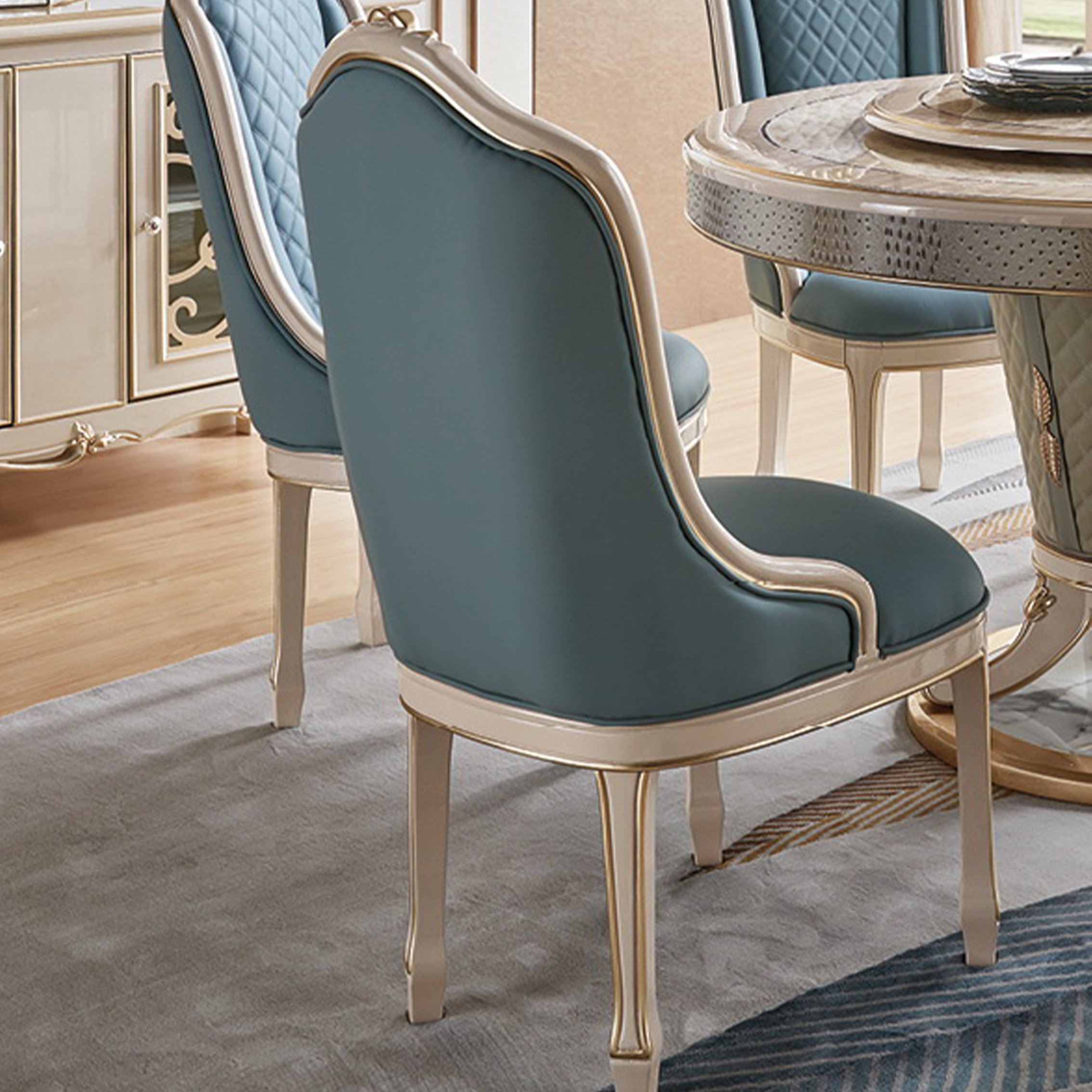 European modern luxury classic dining room furniture set carved solid wood marble top round dining table with 6 leather chairs