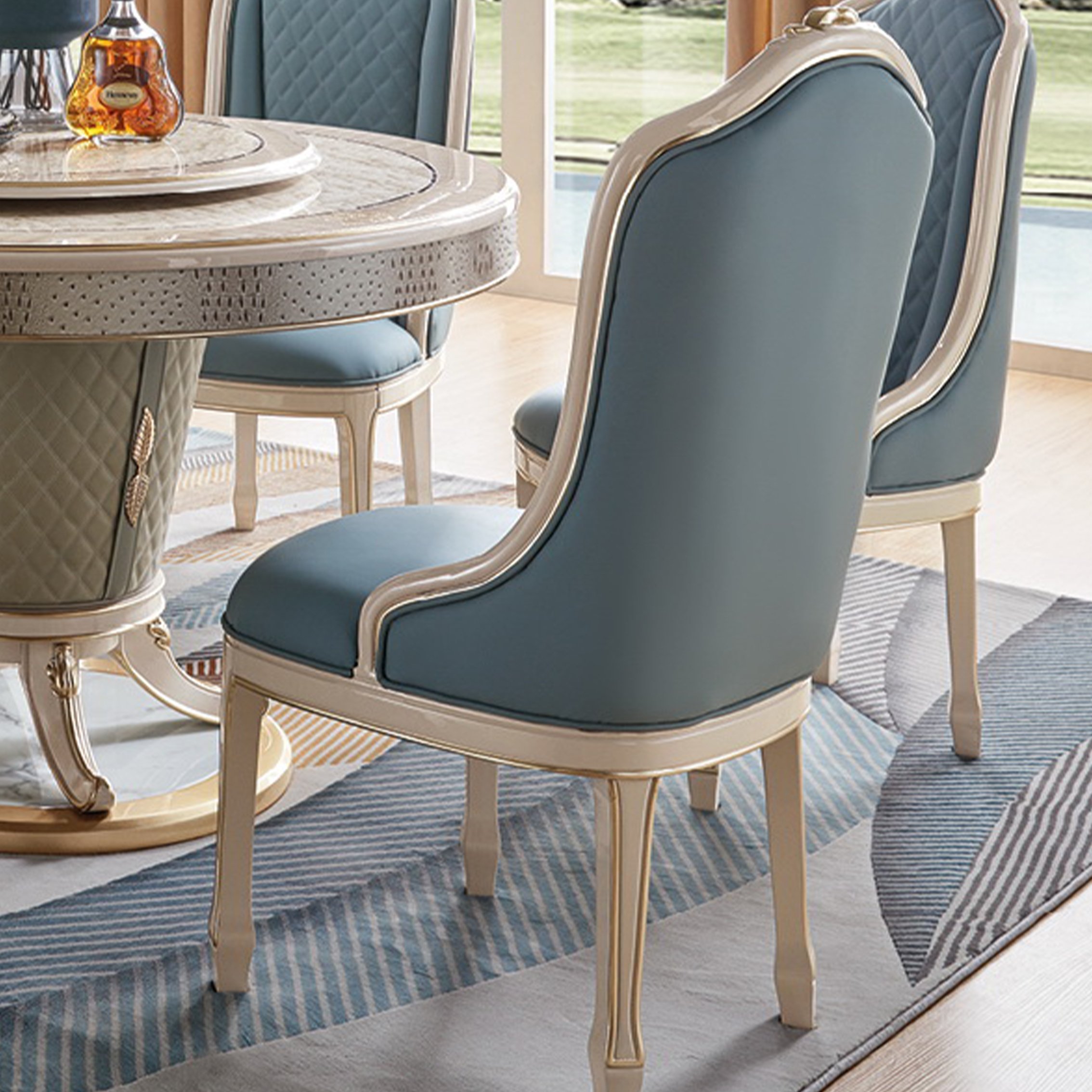 European modern luxury classic dining room furniture set carved solid wood marble top round dining table with 6 leather chairs