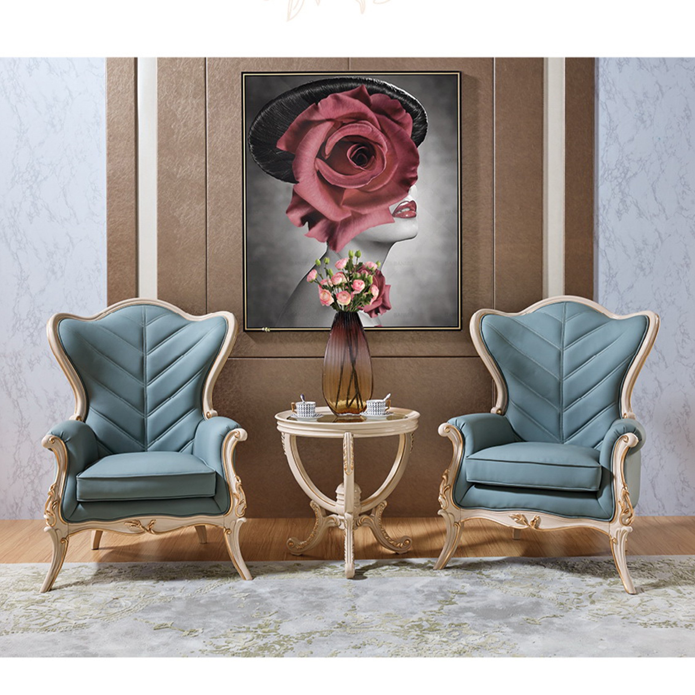 European modern luxury classic dining room furniture set carved solid wood marble top round dining table with 6 leather chairs