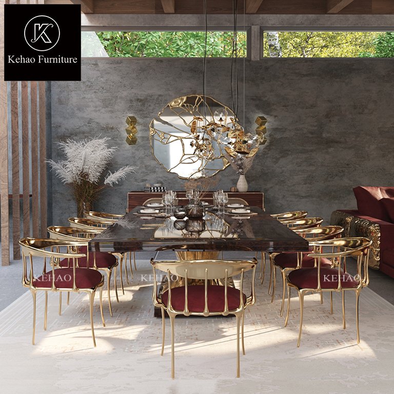 Luxury villa dining room furniture gold copper base wooden dining table set for 10 chairs dining table set 10 seater