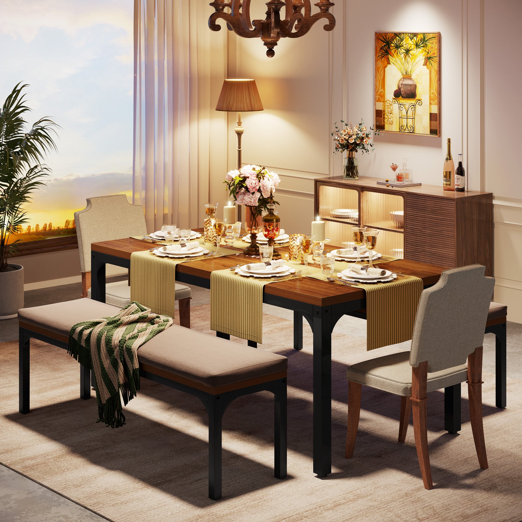 3 Pieces Dining Table Outdoor and Indoor Kitchen Table Sets With Bench