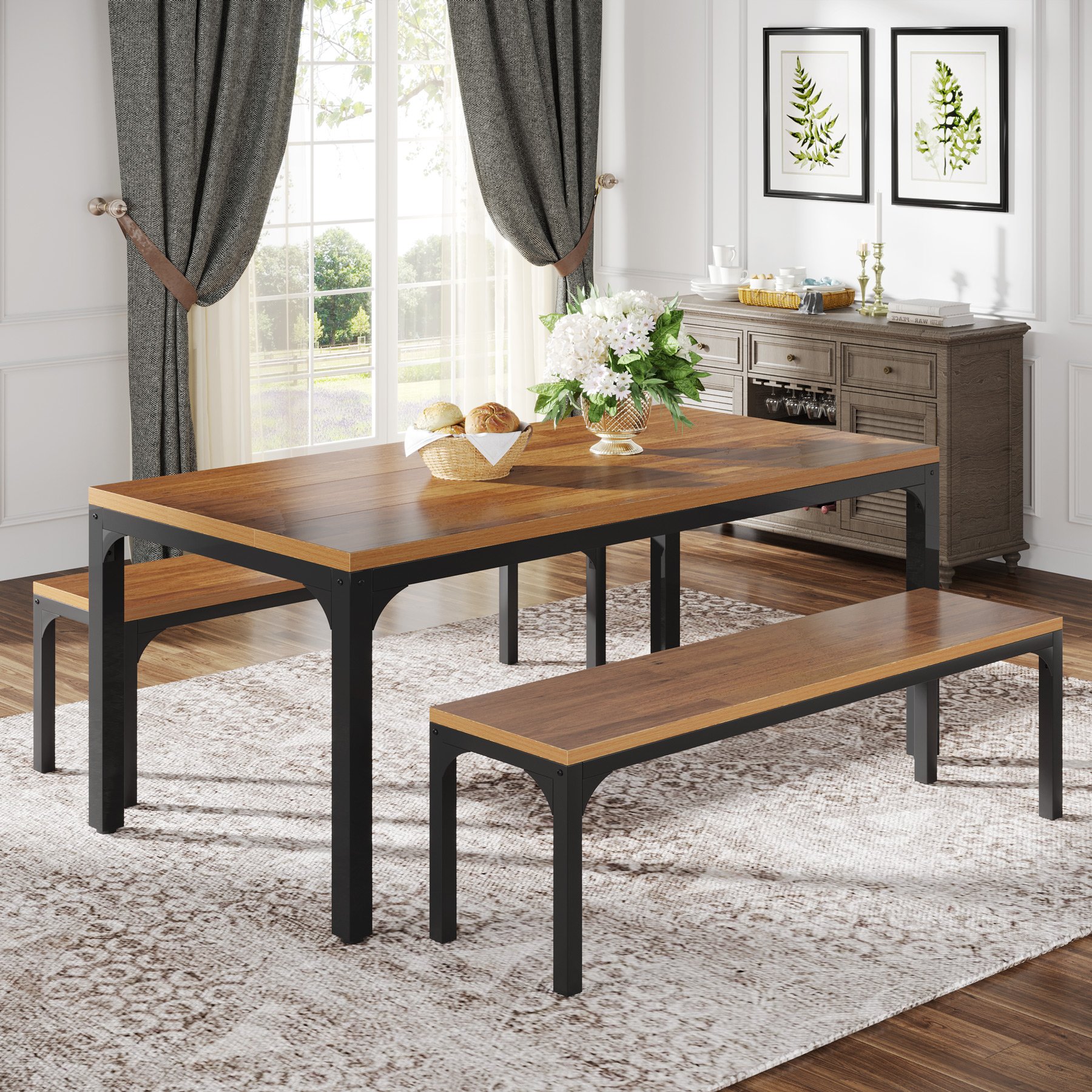 3 Pieces Dining Table Outdoor and Indoor Kitchen Table Sets With Bench