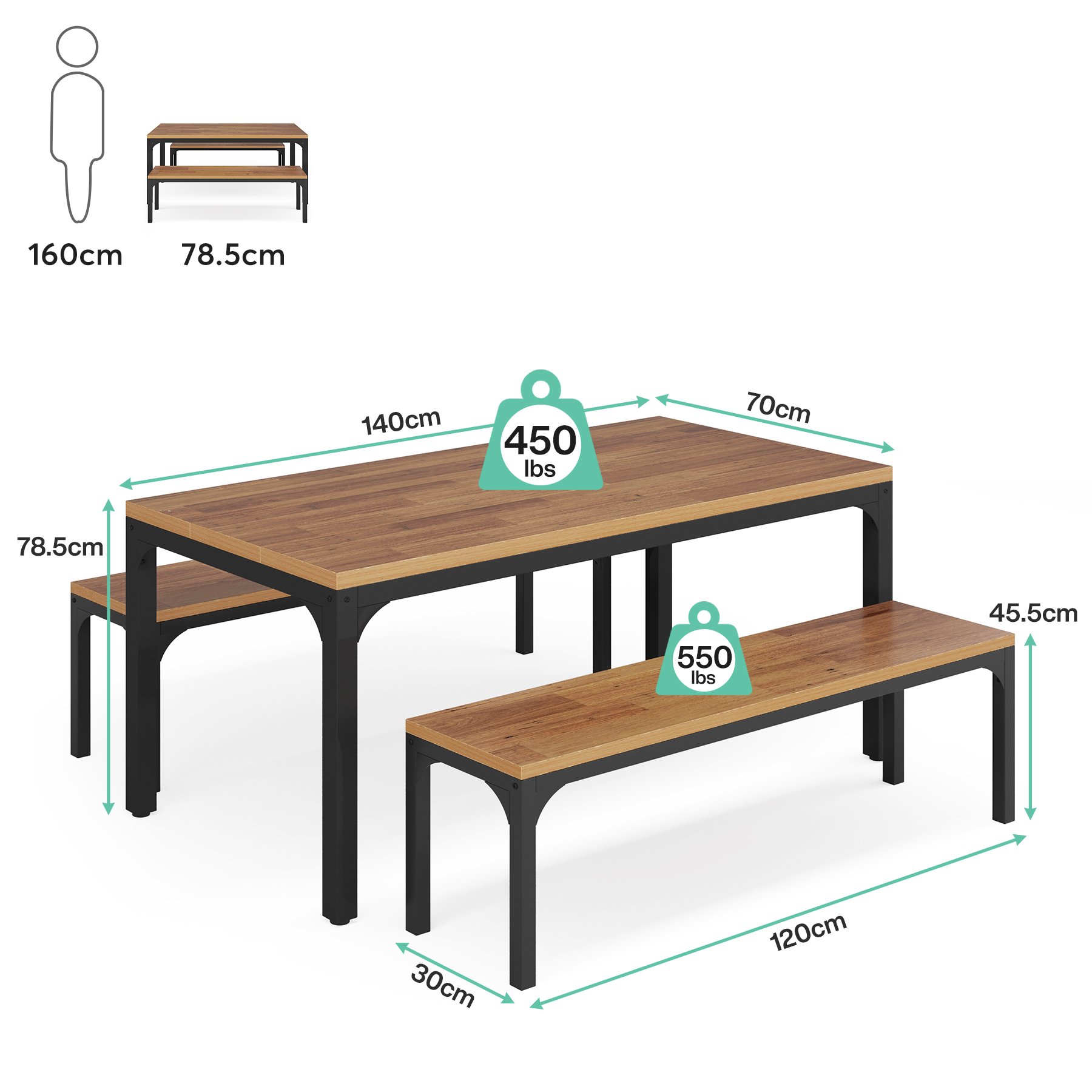 3 Pieces Dining Table Outdoor and Indoor Kitchen Table Sets With Bench