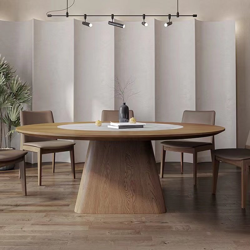 Large round wooden top dining table for 12 people with solid wood walnut ribbon embedded in rotary wooden restaurant table