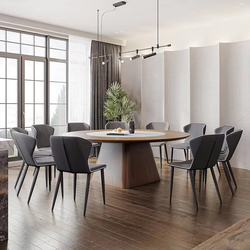 Large round wooden top dining table for 12 people with solid wood walnut ribbon embedded in rotary wooden restaurant table
