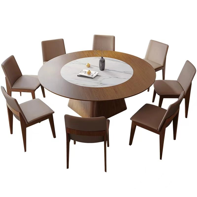 Large round wooden top dining table for 12 people with solid wood walnut ribbon embedded in rotary wooden restaurant table