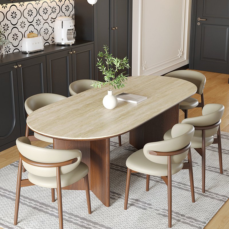 Modern Luxury Rectangular Dining Table Set Light Microcrystalline Stone with Wood for Kitchen or Dining Room