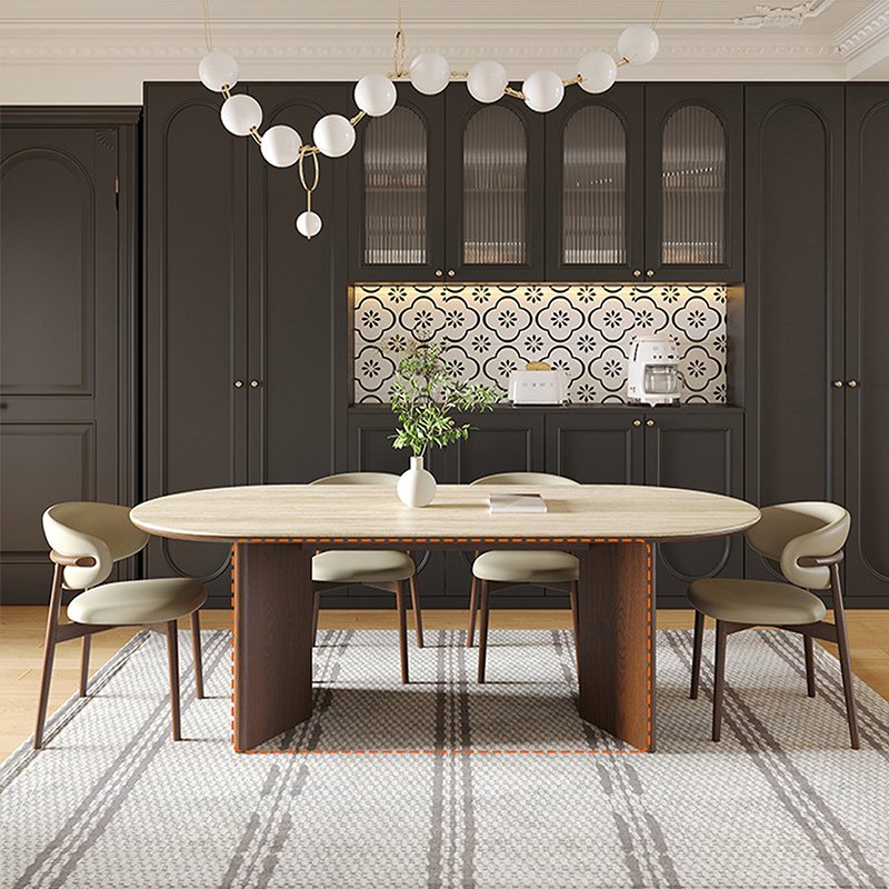 Modern Luxury Rectangular Dining Table Set Light Microcrystalline Stone with Wood for Kitchen or Dining Room