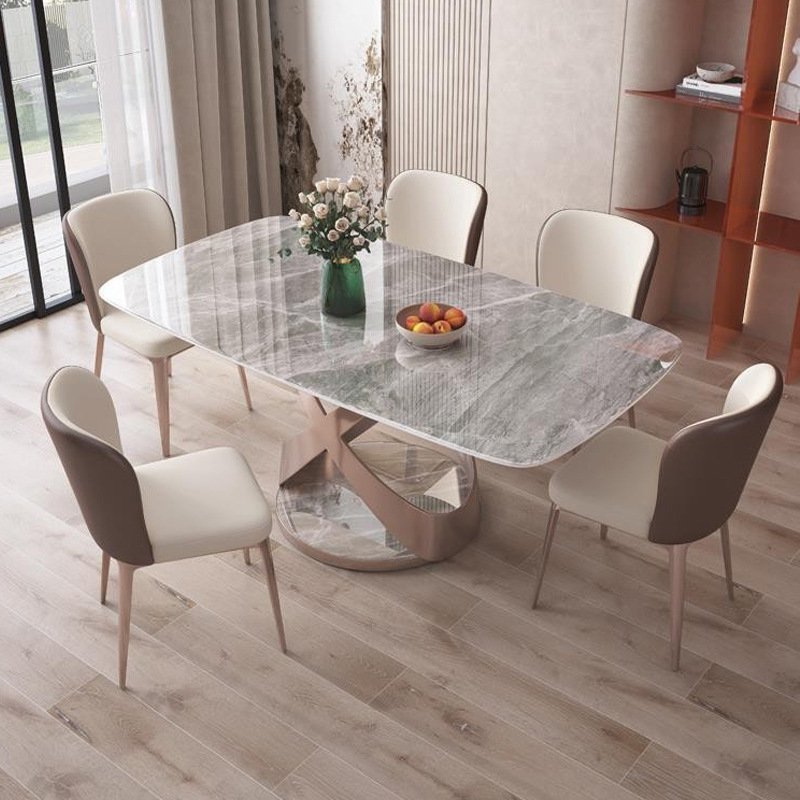 Luxurious Rectangular Dining Table with Rock Slab Lightweight Marble Steel Stone Apartment Restaurant Office household Use