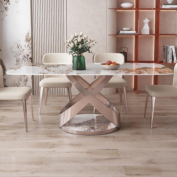 Luxurious Rectangular Dining Table with Rock Slab Lightweight Marble Steel Stone Apartment Restaurant Office household Use