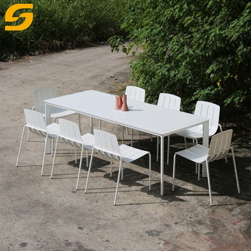 Metal Furniture Modern Courtyard Restaurant Rectangle Table Dining Chairs Bench Patio Garden Hotel Aluminium Outdoor Tables Set