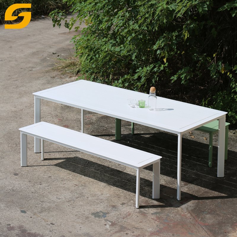 Metal Furniture Modern Courtyard Restaurant Rectangle Table Dining Chairs Bench Patio Garden Hotel Aluminium Outdoor Tables Set