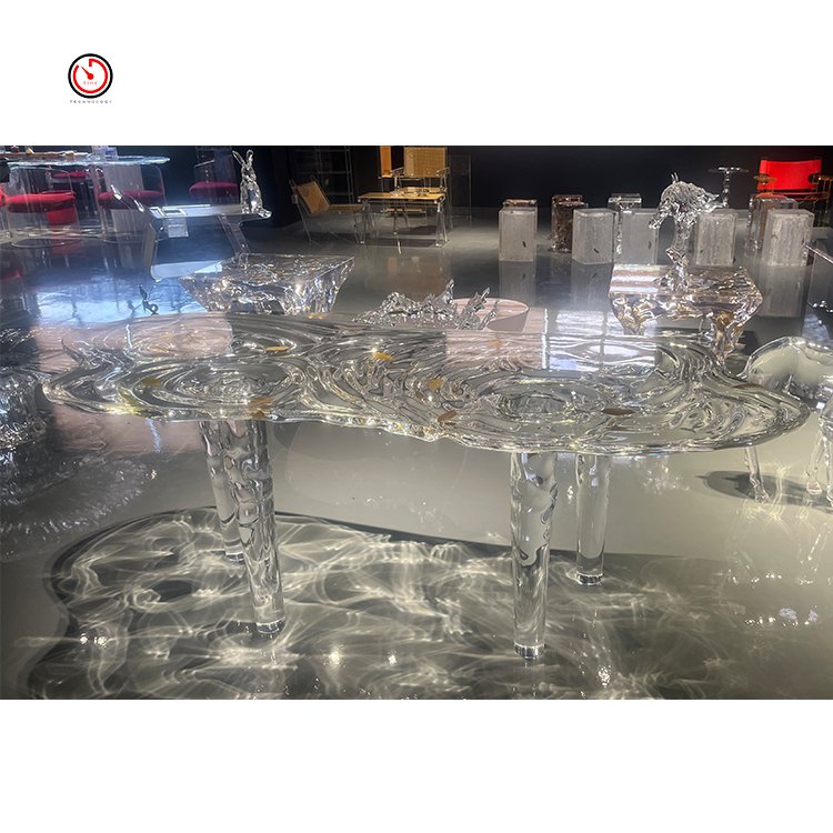 TT OEM customized irregular shape villa hotel villa outdoor glacier liquid waterfall transparent acrylic tea table