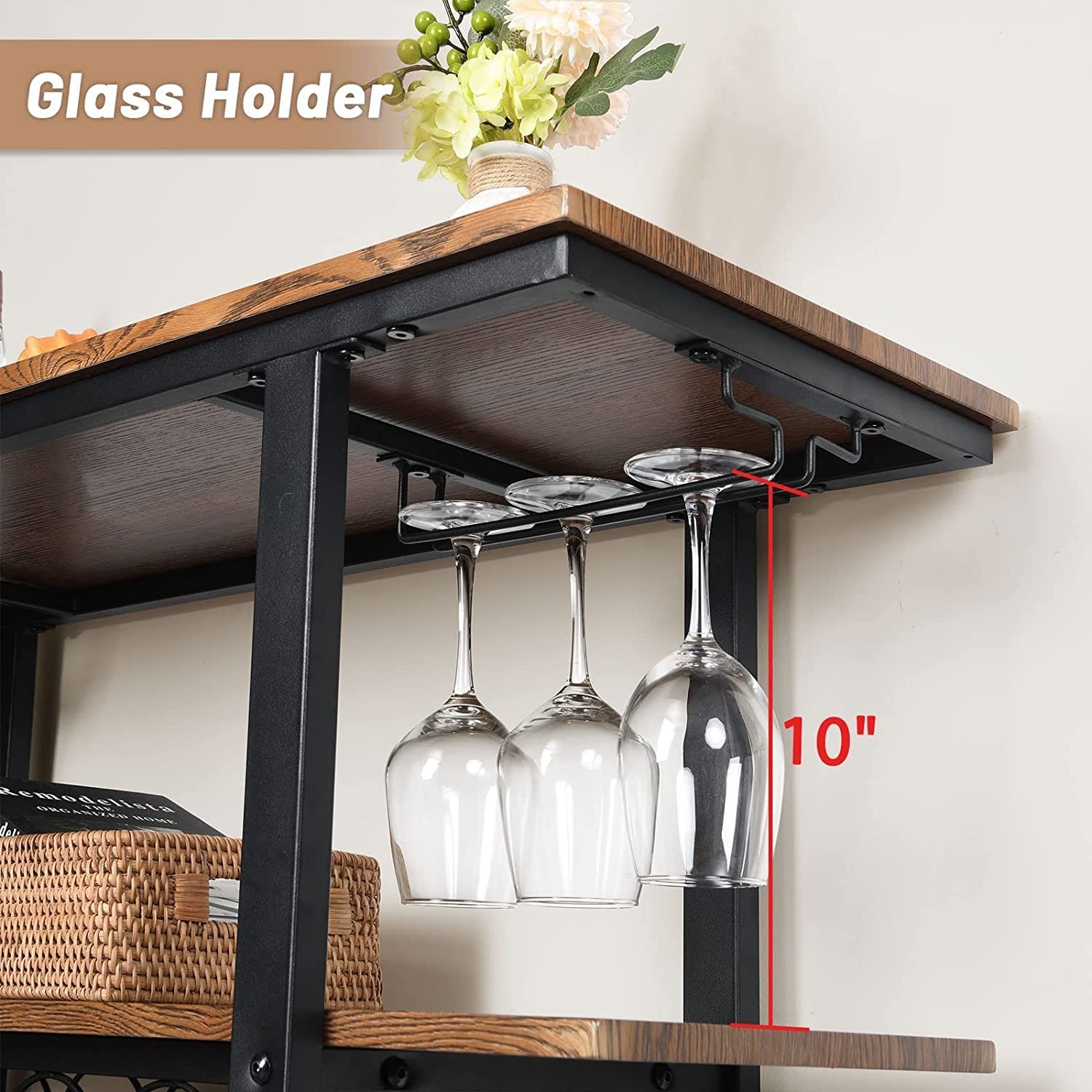 Vonssen Wood & Metal Wine Rack Table with Glass Holder