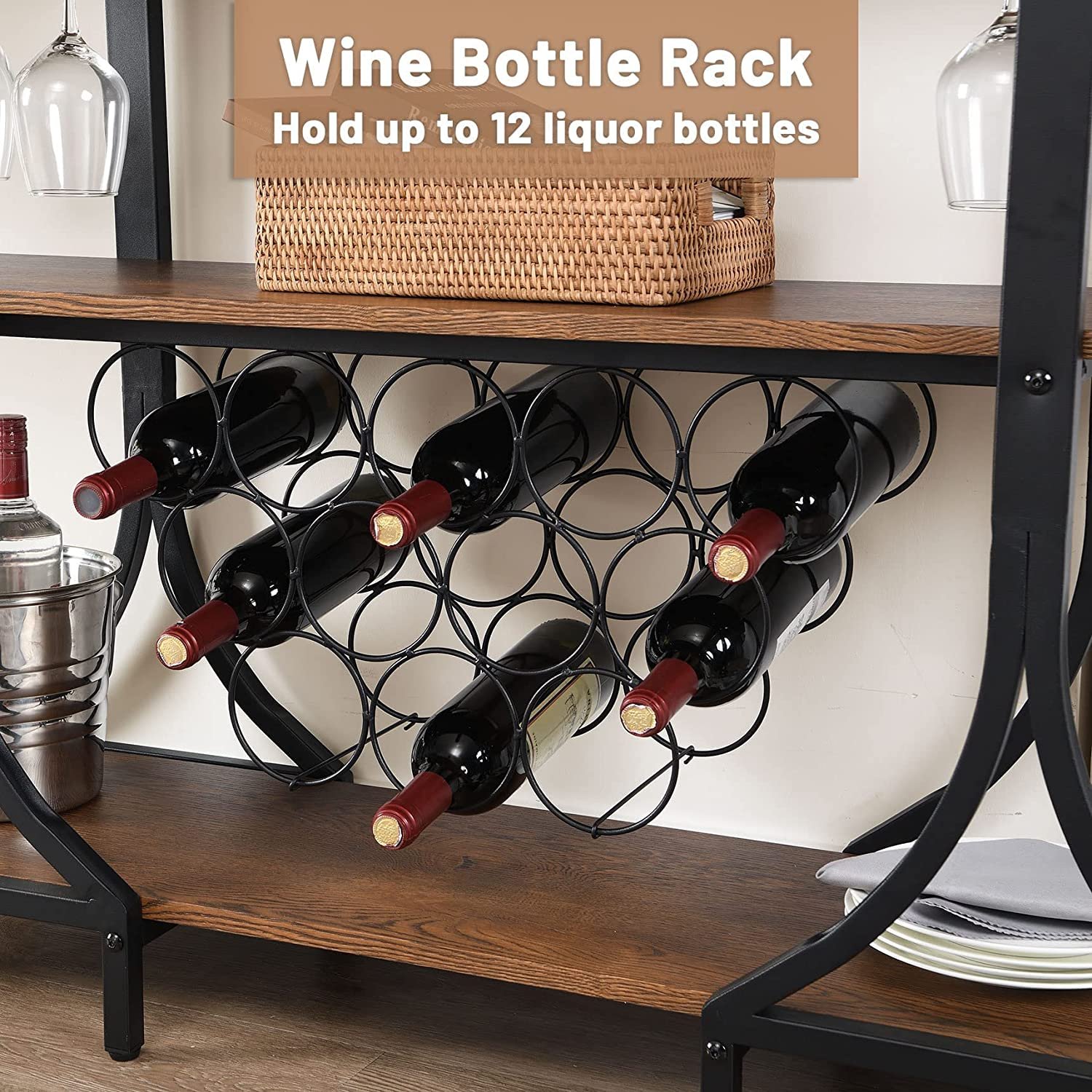 Vonssen Wood & Metal Wine Rack Table with Glass Holder