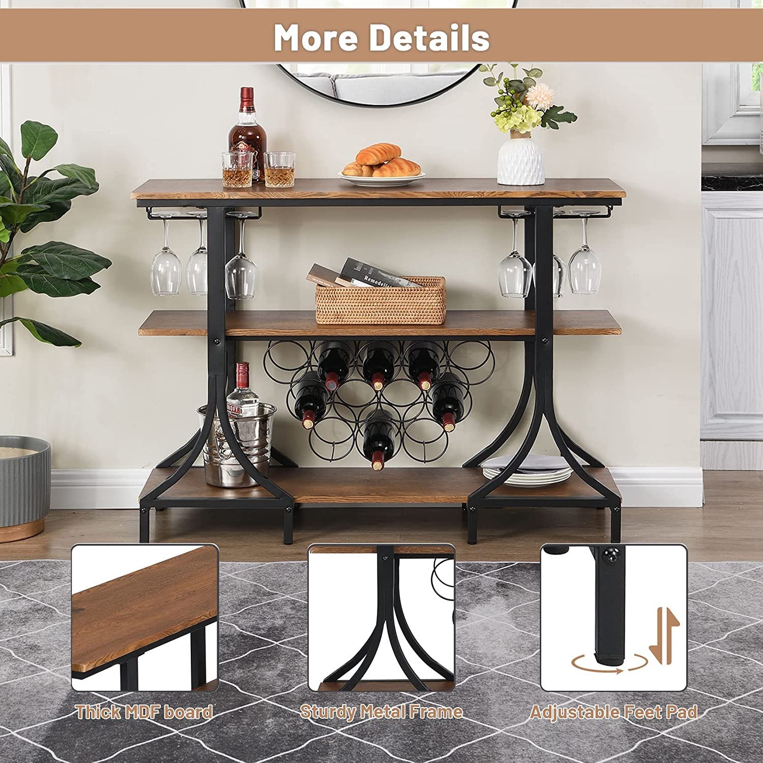 Vonssen Wood & Metal Wine Rack Table with Glass Holder