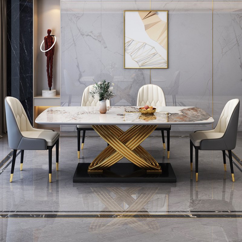 Modern Luxury Dining Table Set Stainless Steel Marble Countertop 6 Chairs Restaurant Concrete Kitchen Hotel Ballroom Living Room