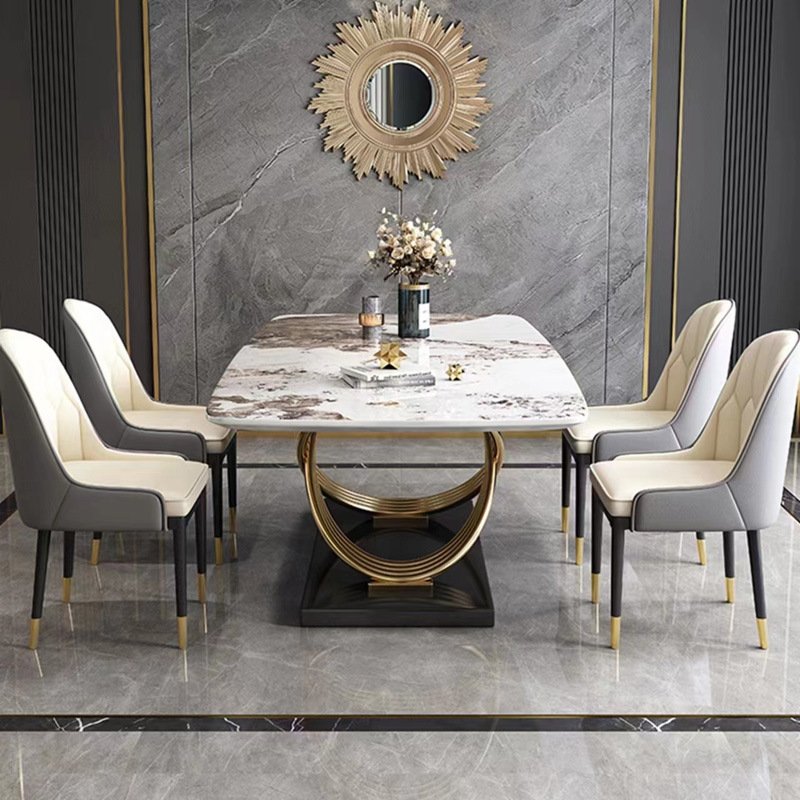 Modern Luxury Dining Table Set Stainless Steel Marble Countertop 6 Chairs Restaurant Concrete Kitchen Hotel Ballroom Living Room