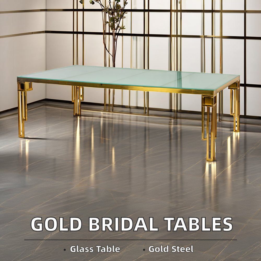 Wholesale Modern Gold Tempered Glass Rectangular Tables for Events Bridal Weddings Dinners Parties Banquets Hotels Halls