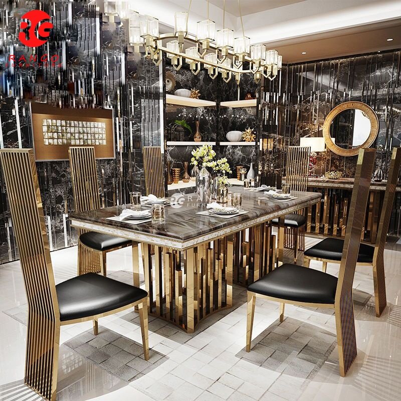 Wholesale stainless furniture China Luxury Royal luxury gold dining Table Modern Marble Dining Table 6 Seater dinning table set