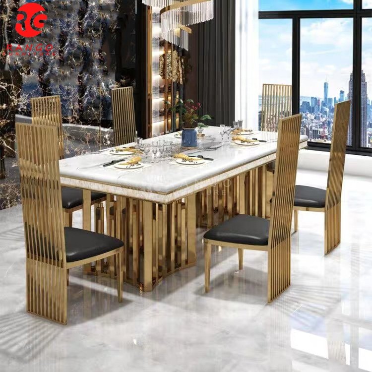 Wholesale stainless furniture China Luxury Royal luxury gold dining Table Modern Marble Dining Table 6 Seater dinning table set