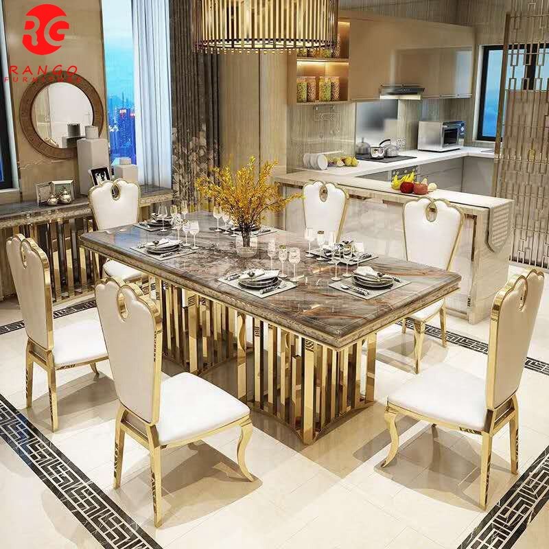Wholesale stainless furniture China Luxury Royal luxury gold dining Table Modern Marble Dining Table 6 Seater dinning table set
