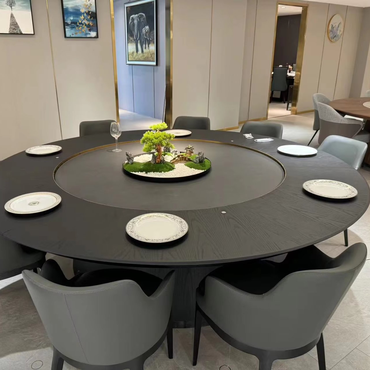 Luxury quality solid wood panel, lift type electric turntable, solid wood feet electric dining table