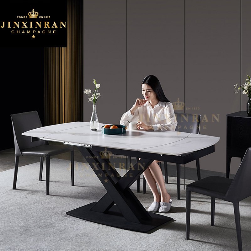 Customized Modern Furniture Space Saving Black Iron Metal Feet Dinning Table Stone Slate Top White Extendable Dining Table