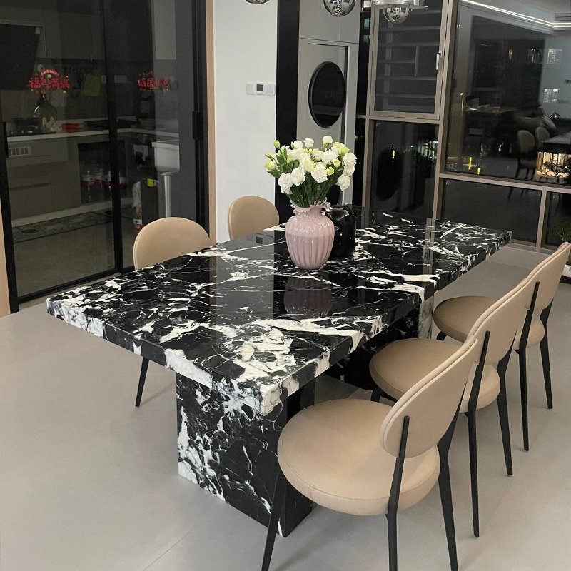 ODM High quality natural stone luxury dining room furniture dining set round table noir grand antique black marble dining table