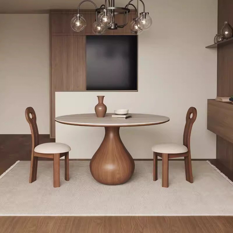 French retro style solid wood round table household apartment villa dining table with four chairs combination with turntable