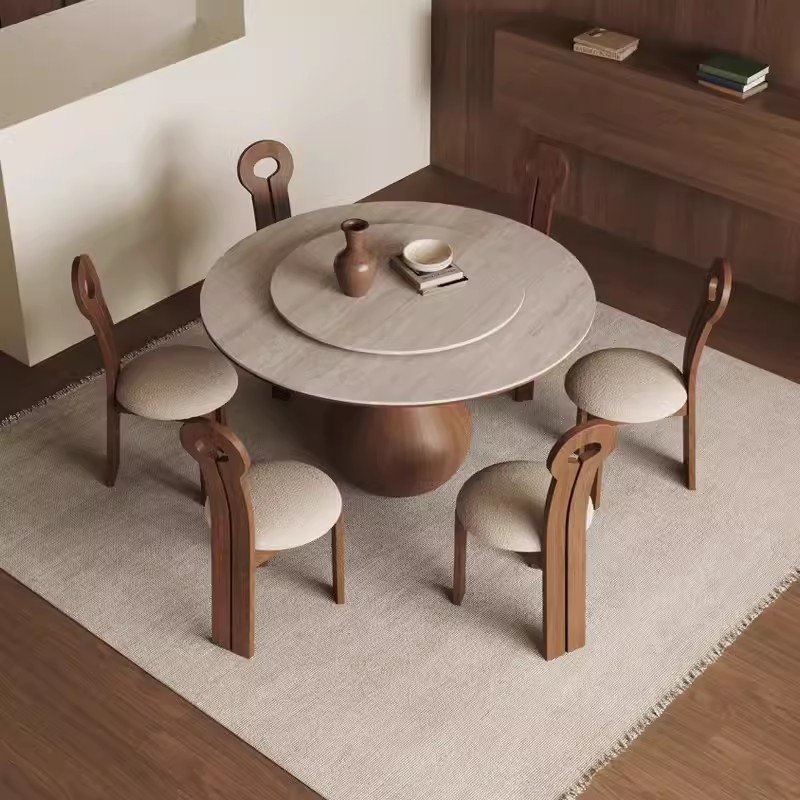 French retro style solid wood round table household apartment villa dining table with four chairs combination with turntable