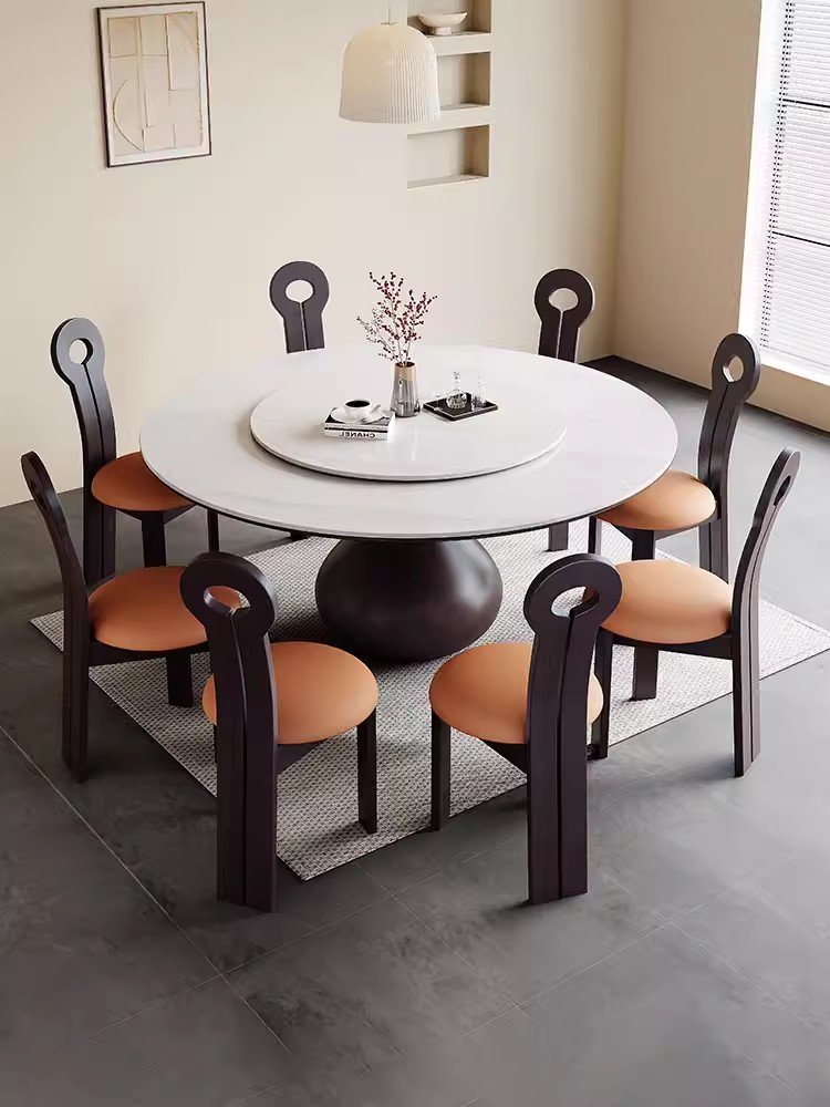 French retro style solid wood round table household apartment villa dining table with four chairs combination with turntable