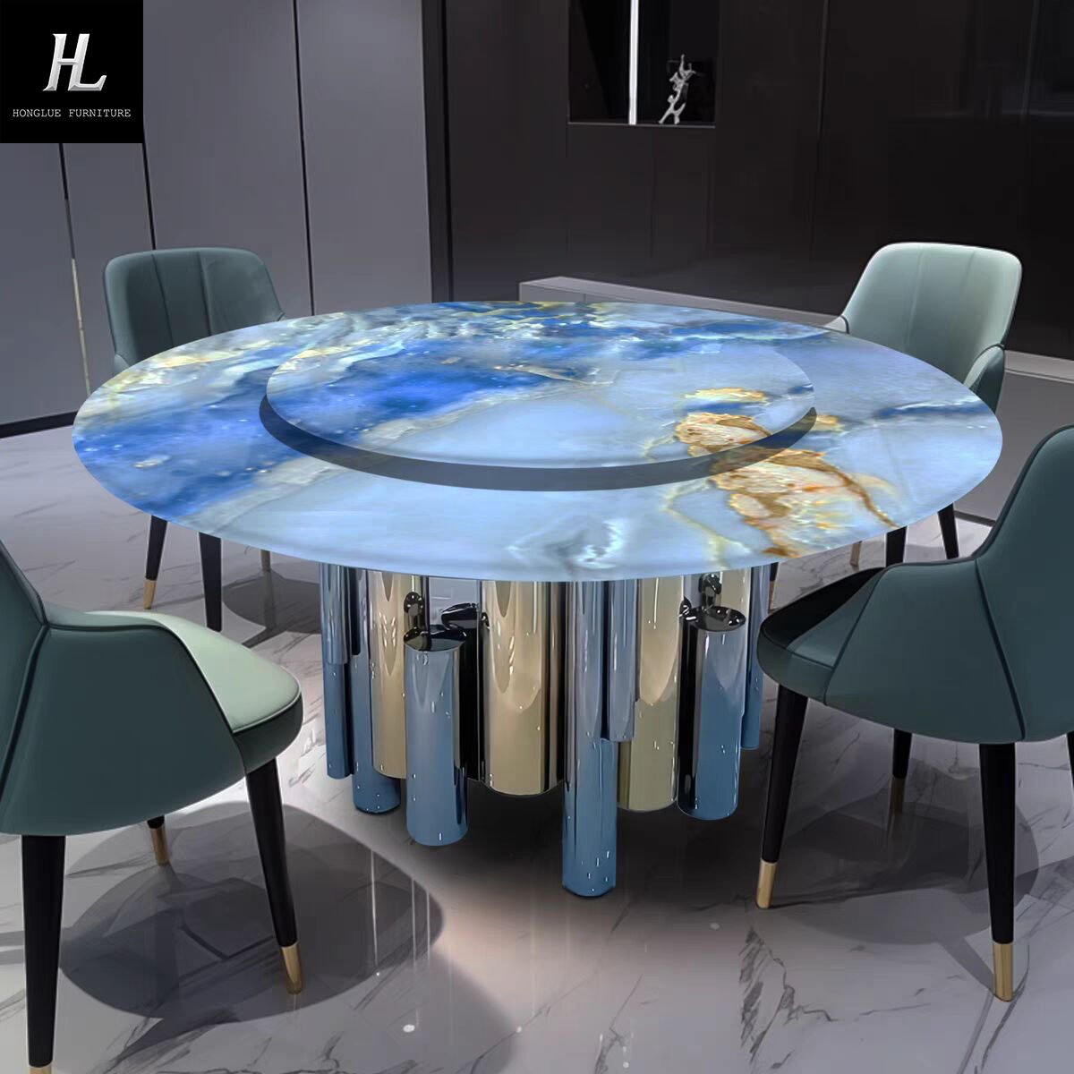 Natural marble luxury stone embedded turntable table Italian light luxury modern high-end villa home round table