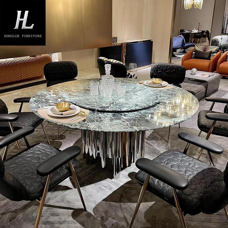 Natural marble luxury stone embedded turntable table Italian light luxury modern high-end villa home round table