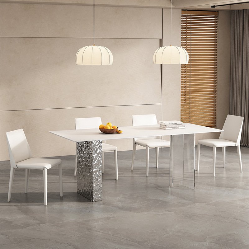 Rectangular Sintered Marble Stone Slate Dining Table With Stylish Clear Acrylic Leg And Stainless Steel Water Ripple Base