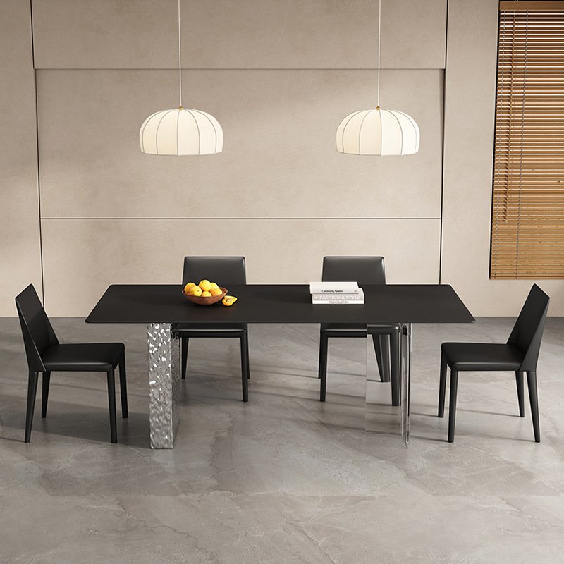 Rectangular Sintered Marble Stone Slate Dining Table With Stylish Clear Acrylic Leg And Stainless Steel Water Ripple Base