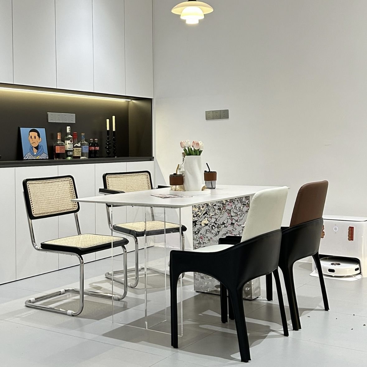 Rectangular Sintered Marble Stone Slate Dining Table With Stylish Clear Acrylic Leg And Stainless Steel Water Ripple Base