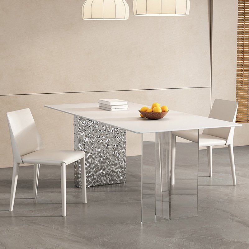 Rectangular Sintered Marble Stone Slate Dining Table With Stylish Clear Acrylic Leg And Stainless Steel Water Ripple Base