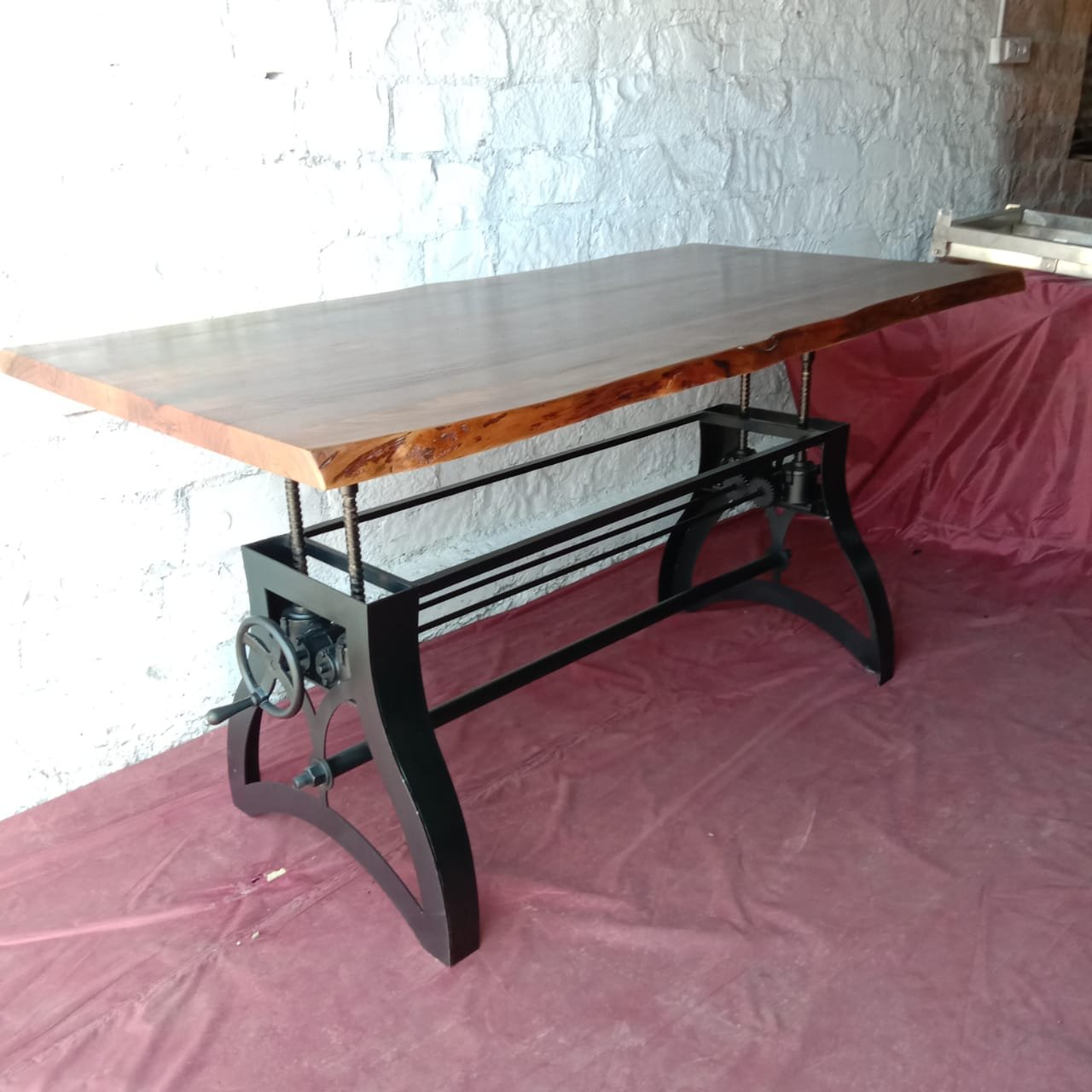Modern Industrial Crank Dining Table Set Solid Oak Mango Rectangle Rectangular Restaurant Table Extendable Foldable Outdoor Use