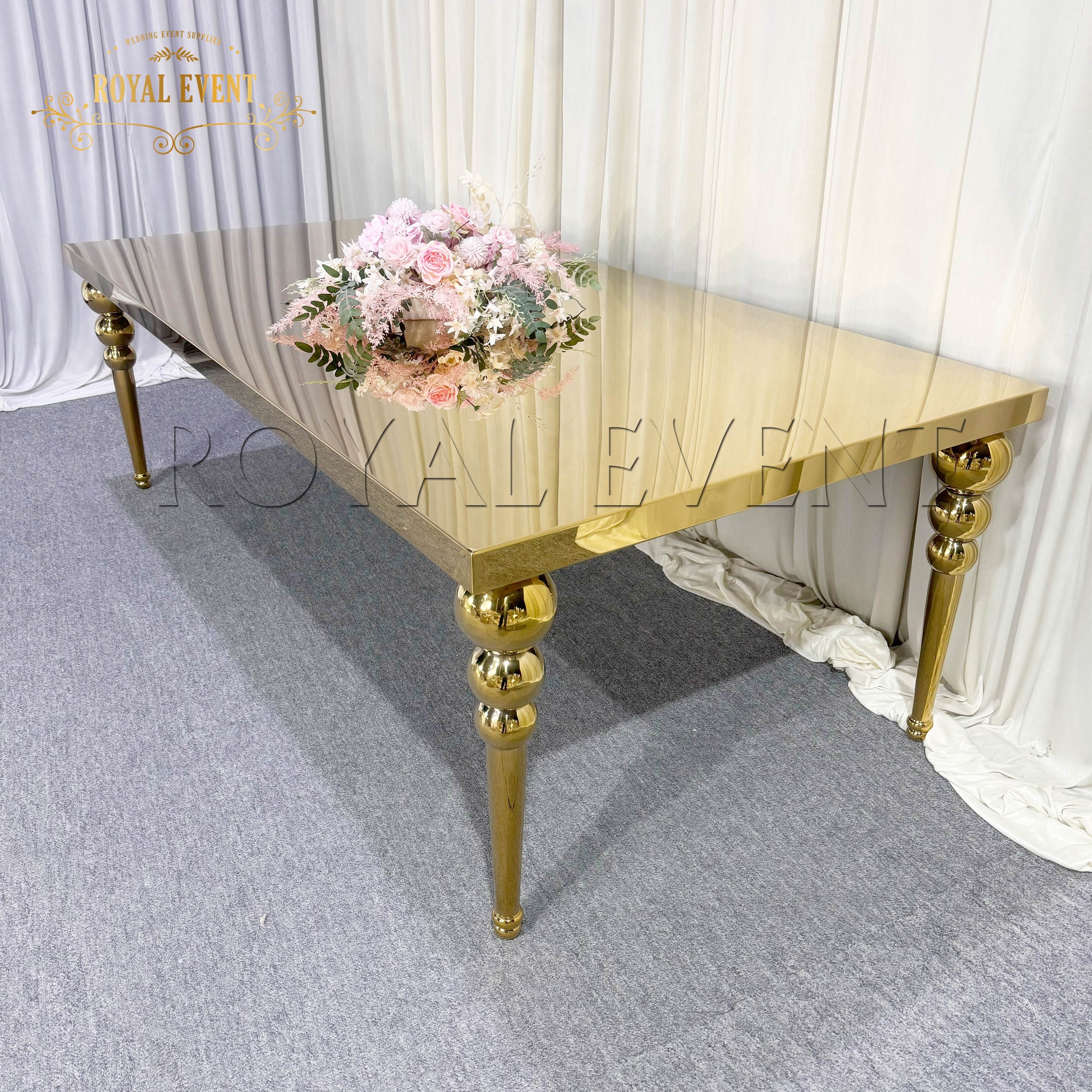 Customized Wedding Dining Table Events furniture Golden stainless steel Table For Bride and Groom Rectangle Tables For Party