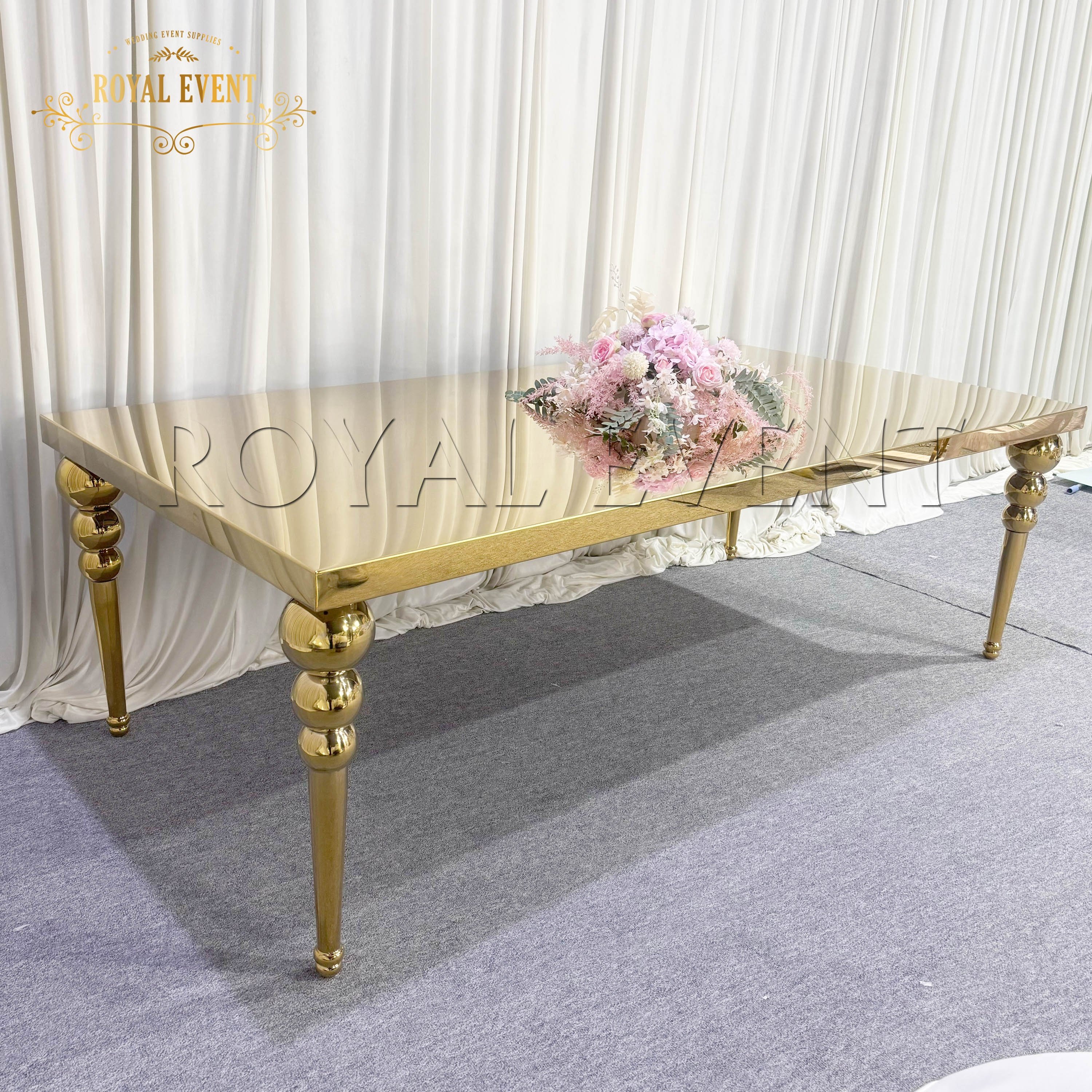 Customized Wedding Dining Table Events furniture Golden stainless steel Table For Bride and Groom Rectangle Tables For Party