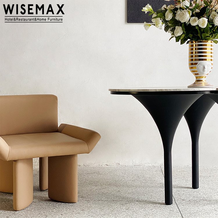WISEMAX FURNITURE Modern dining room furniture Round 6 seat marble table Movable white marble table top metal dining table