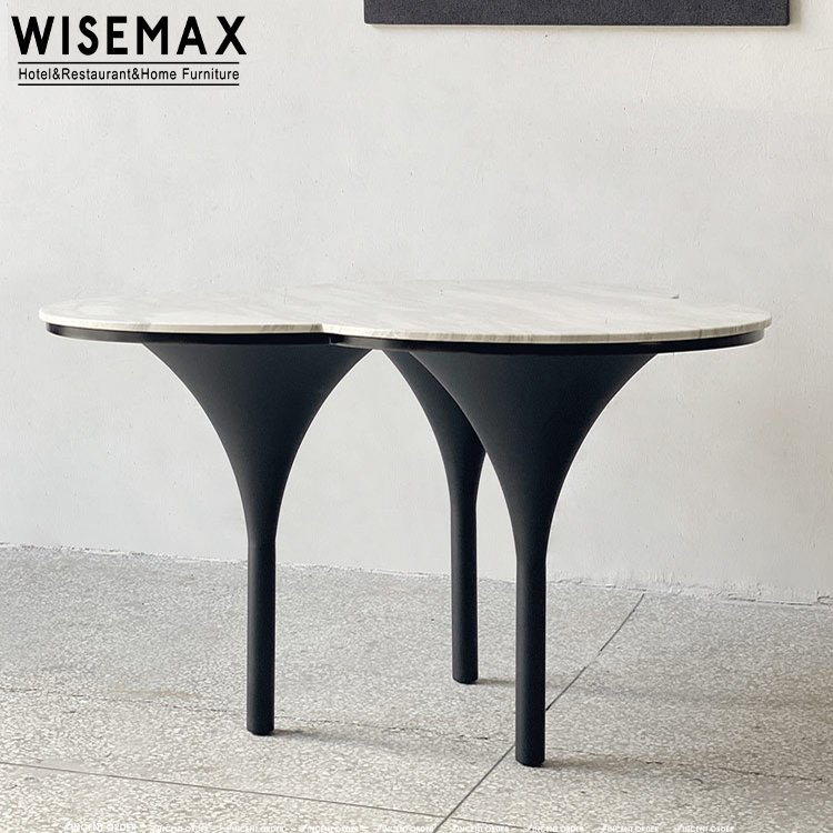 WISEMAX FURNITURE Modern dining room furniture Round 6 seat marble table Movable white marble table top metal dining table