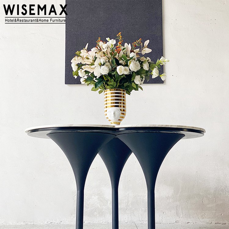 WISEMAX FURNITURE Modern dining room furniture Round 6 seat marble table Movable white marble table top metal dining table