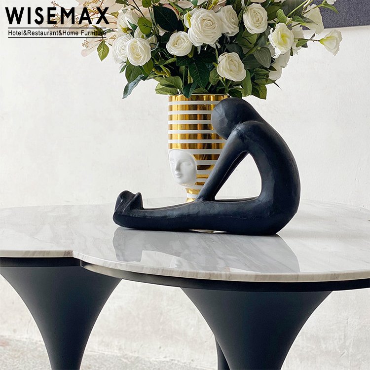 WISEMAX FURNITURE Modern dining room furniture Round 6 seat marble table Movable white marble table top metal dining table