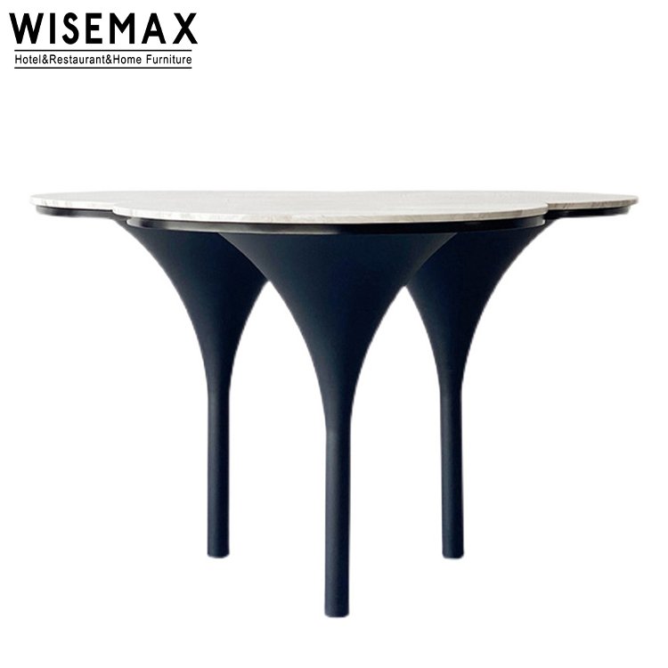 WISEMAX FURNITURE Modern dining room furniture Round 6 seat marble table Movable white marble table top metal dining table