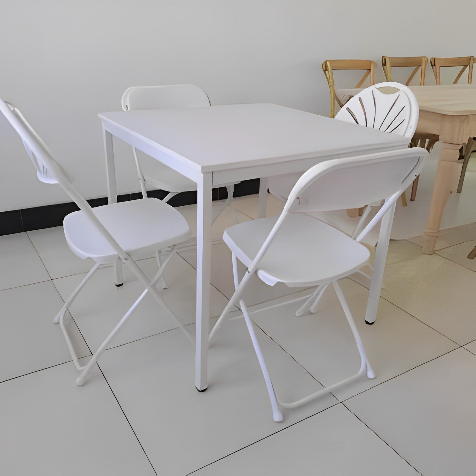 High quality new design wholesale cheap steel tube outdoor wedding plastic white dining table and chair set